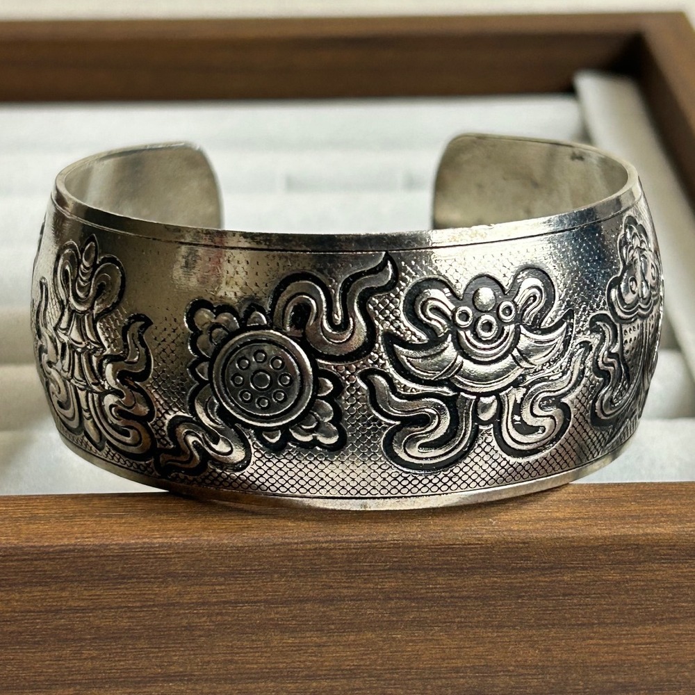 Sterling Silver Tibetan Eternal Knot Lotus Embossed Wide Cuff Bracelet S925